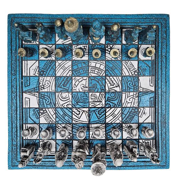 VTG Hand Carved Stone Mexican Folk Art Chess Set Complete Blue and White Aztec - Picture 1 of 8